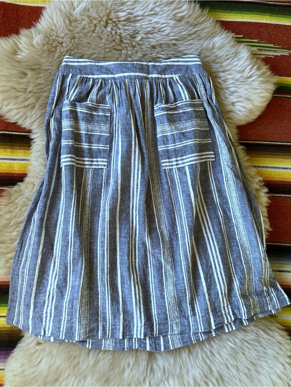 Striped Blue and White Skirt with Front Pockets